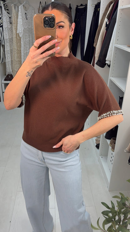 Arita Diamante Sleeve Detail High Neck Jumper