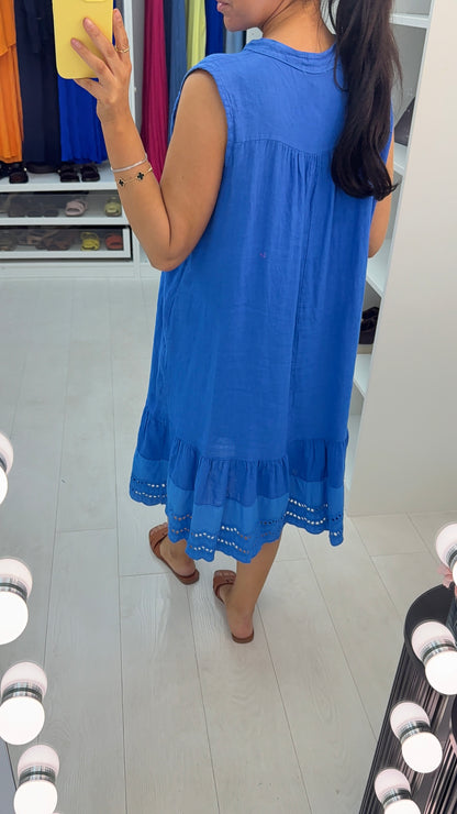 Velma Plain Button Detailed Scalloped Hem Linen Dress