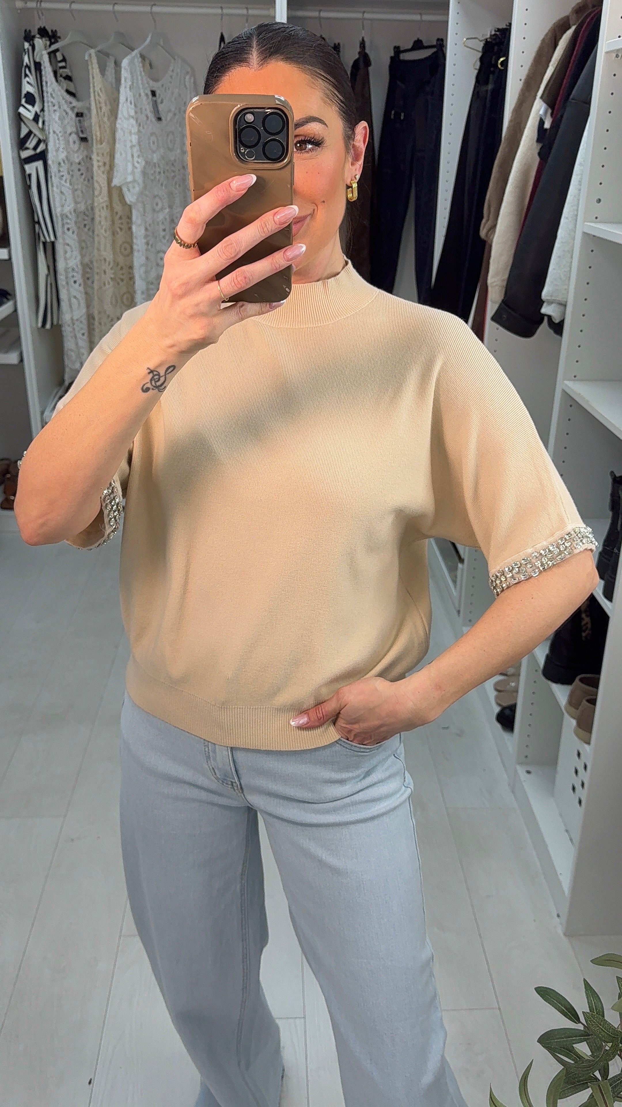 Arita Diamante Sleeve Detail High Neck Jumper