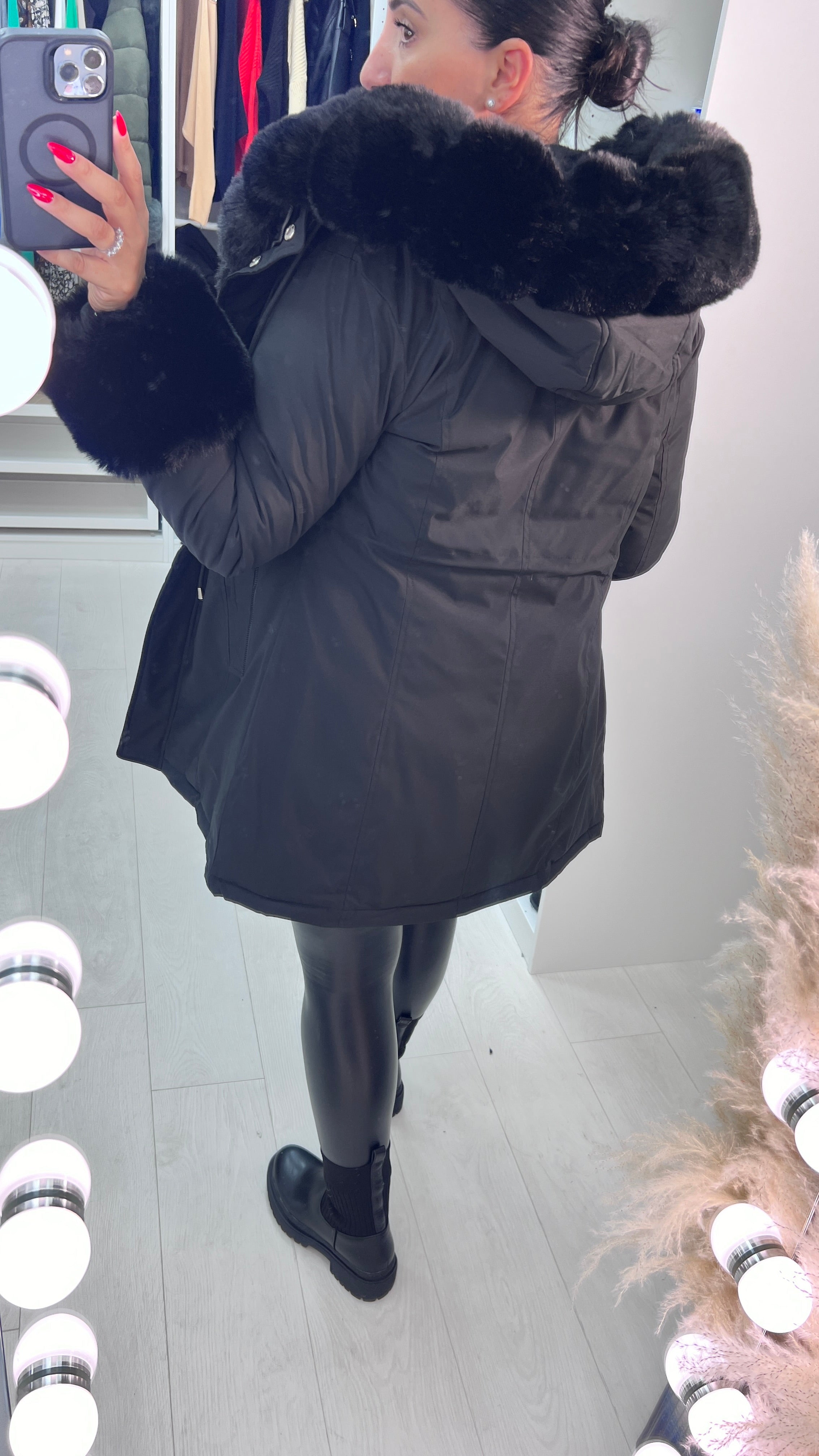 Jaya Black Faux Fur Hooded Toggle Coat