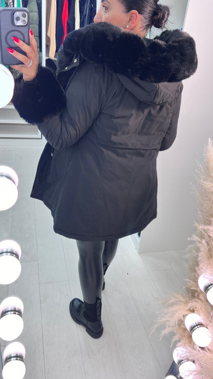 Jaya Black Faux Fur Hooded Toggle Coat