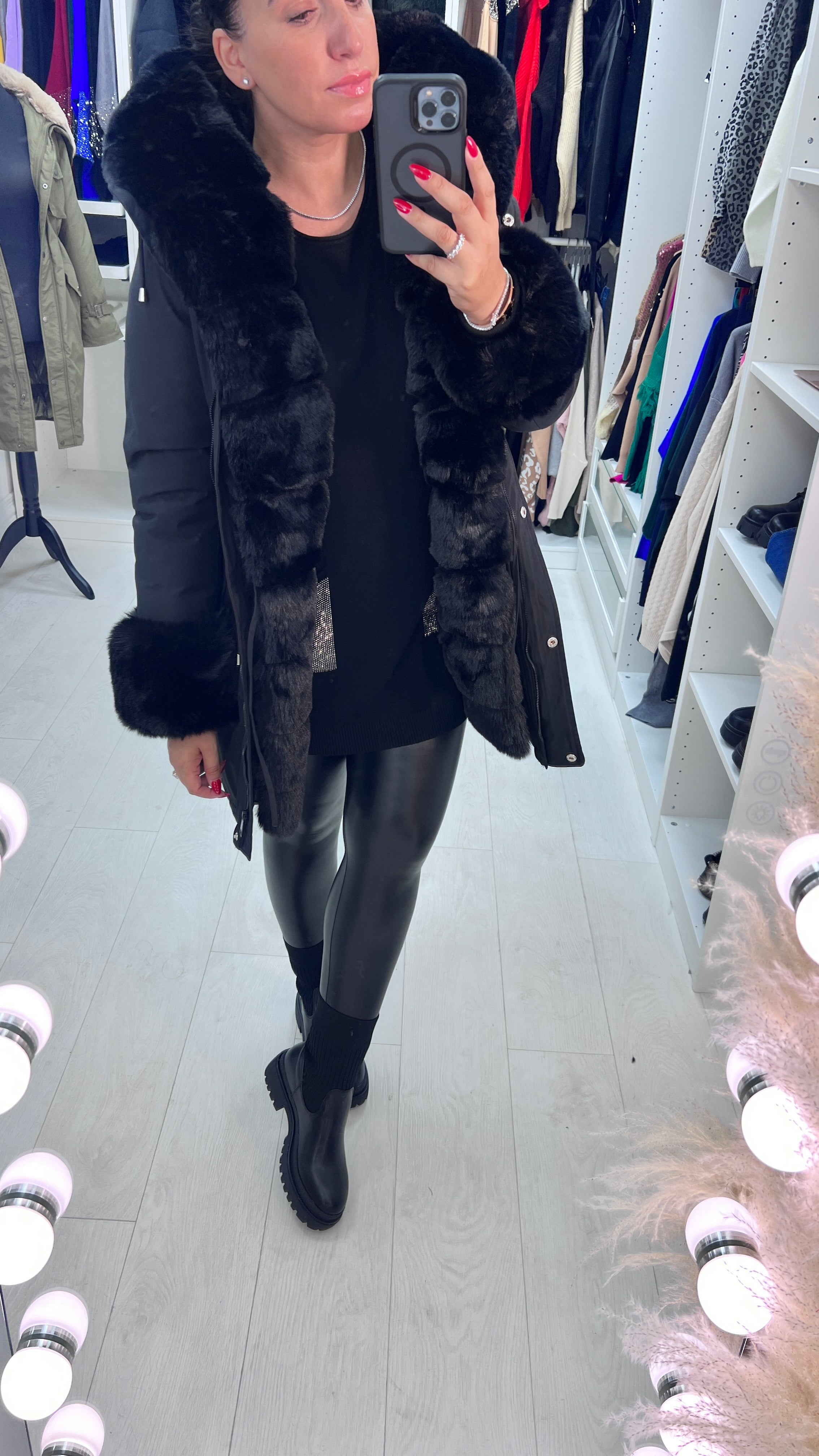 Jaya Black Faux Fur Hooded Toggle Coat