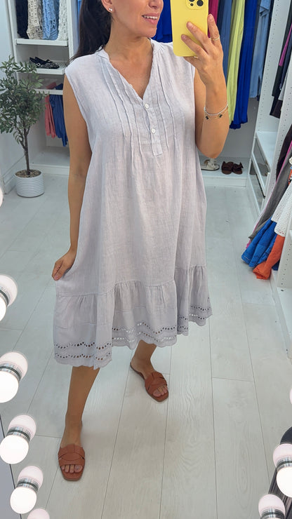 Velma Plain Button Detailed Scalloped Hem Linen Dress