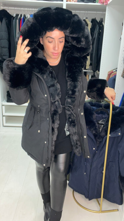 Jaya Black Faux Fur Hooded Toggle Coat