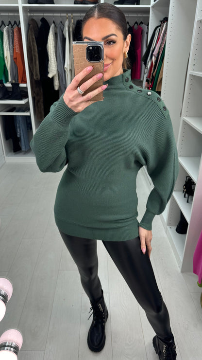 Tamzyn High Neck Button Shoulder Detail Knit Jumper