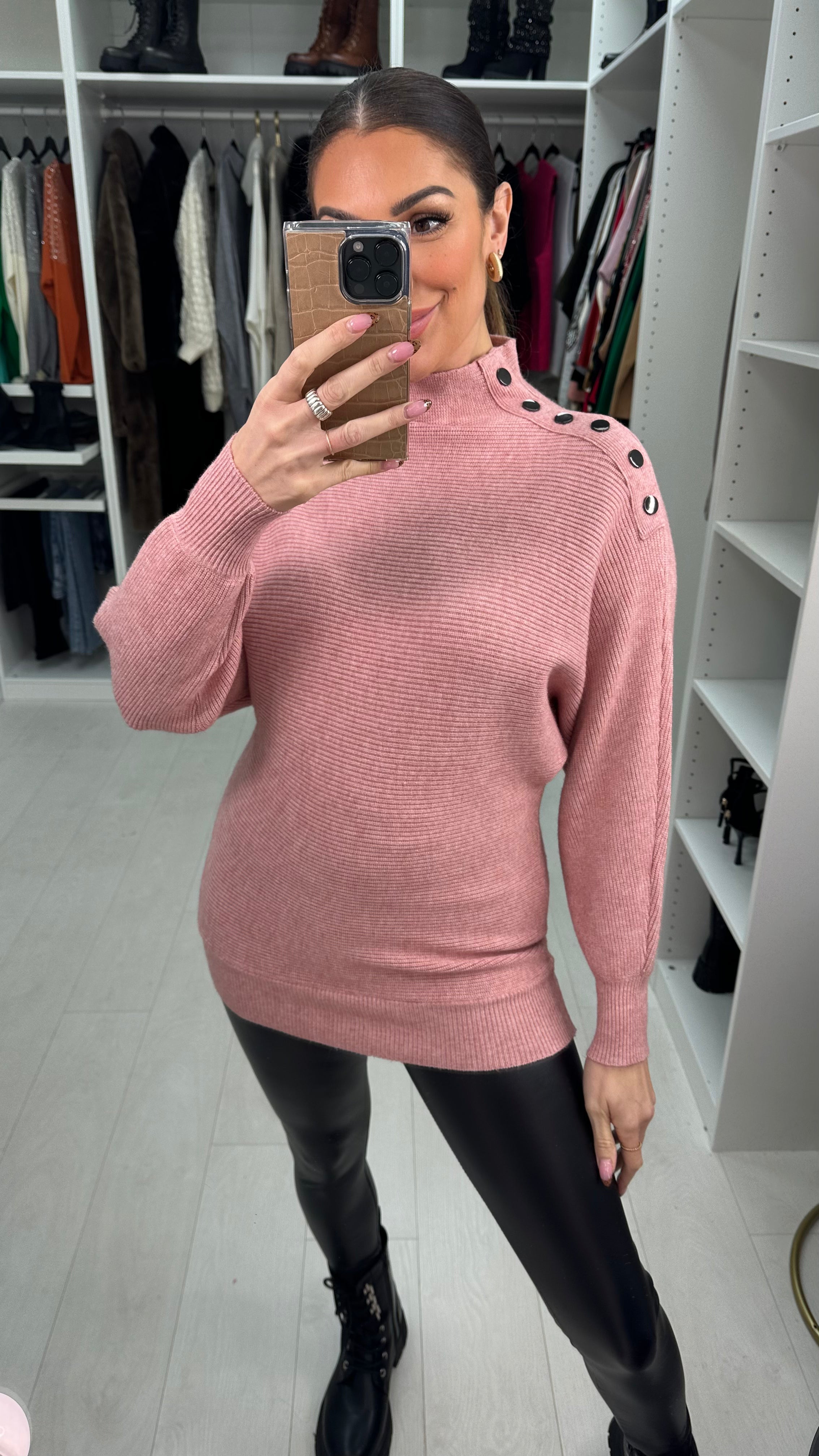 Tamzyn High Neck Button Shoulder Detail Knit Jumper