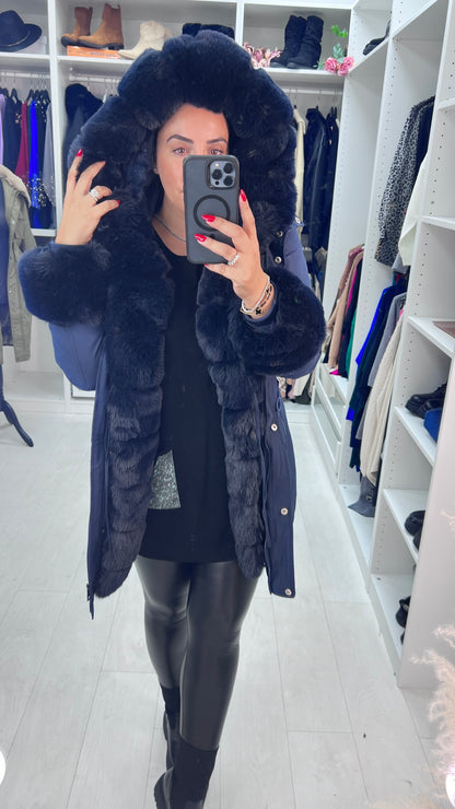 Jaya Navy Faux Fur Hooded Toggle Coat