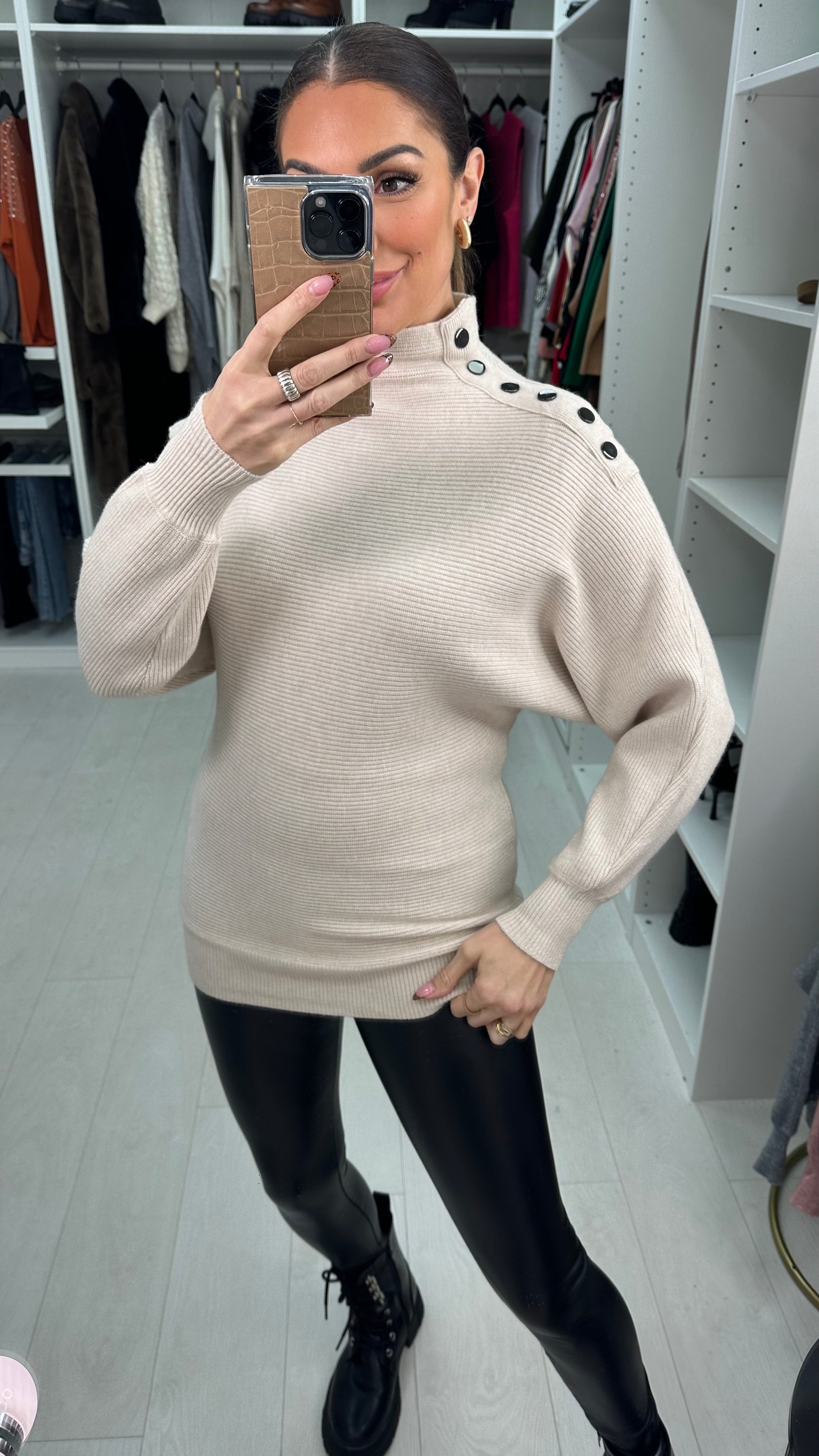 Tamzyn High Neck Button Shoulder Detail Knit Jumper