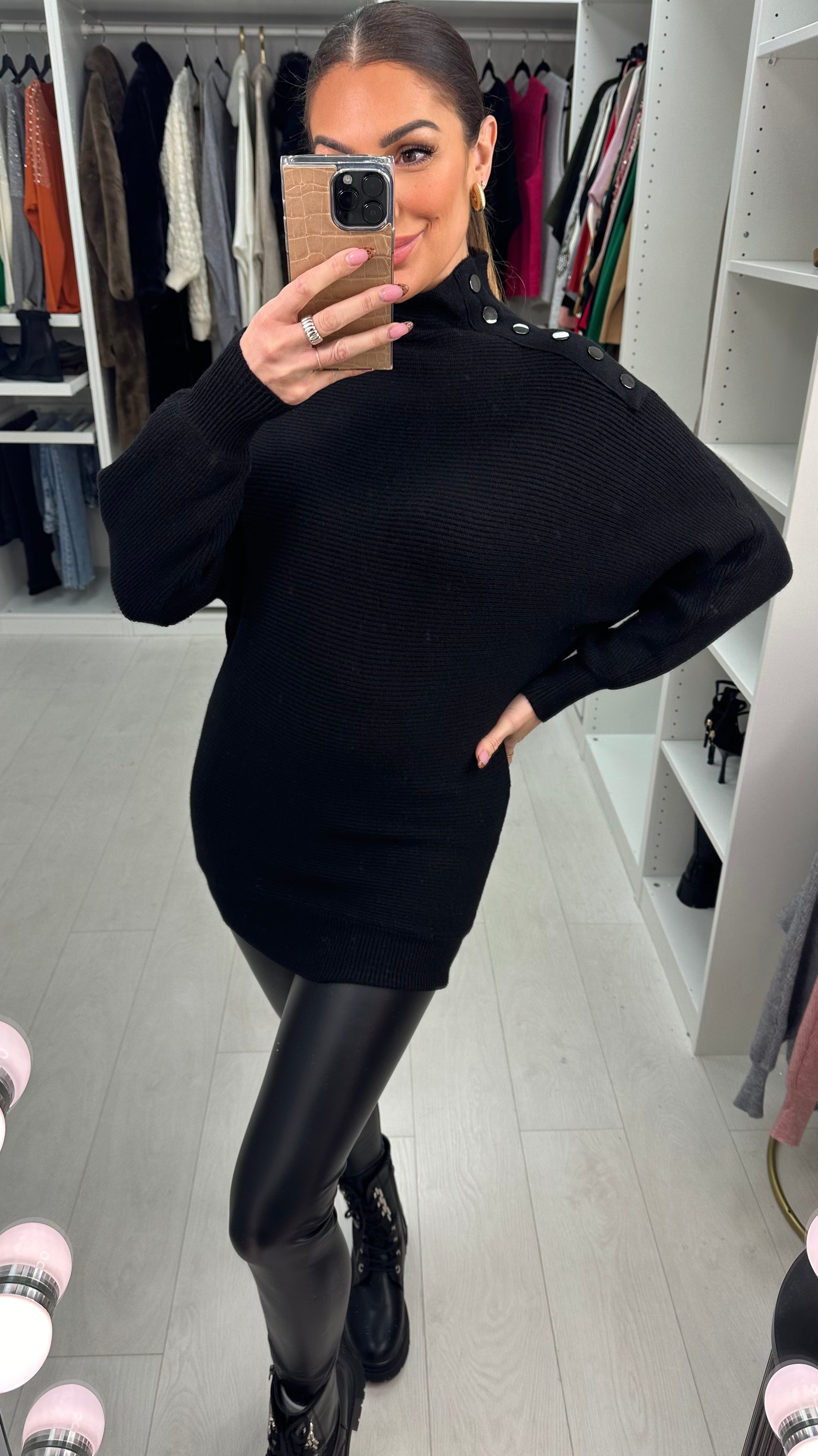 Tamzyn High Neck Button Shoulder Detail Knit Jumper