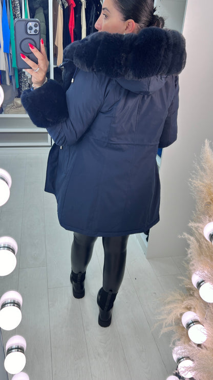 Jaya Navy Faux Fur Hooded Toggle Coat