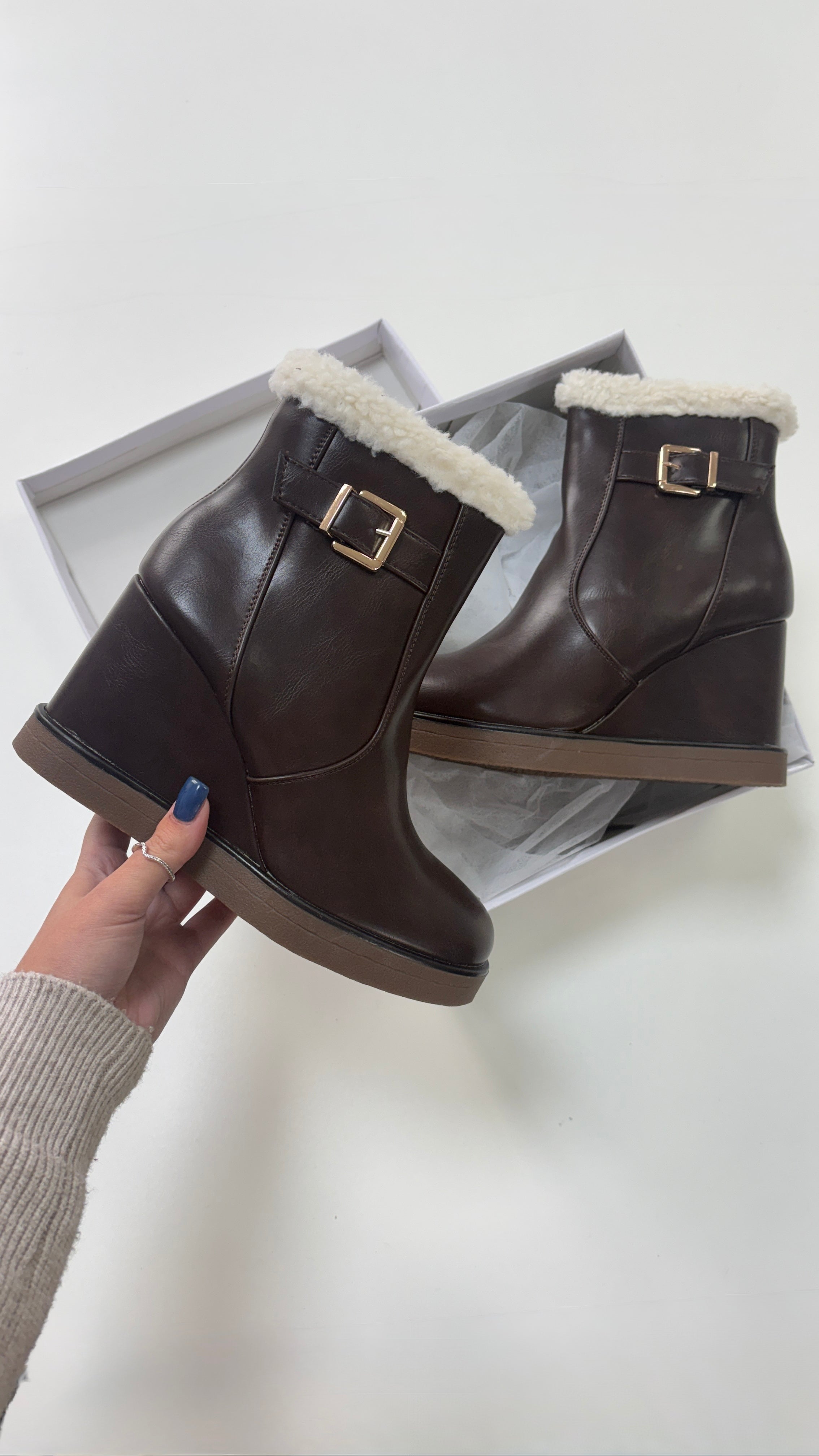 Natalia Faux Leather Buckle Wedge Boot