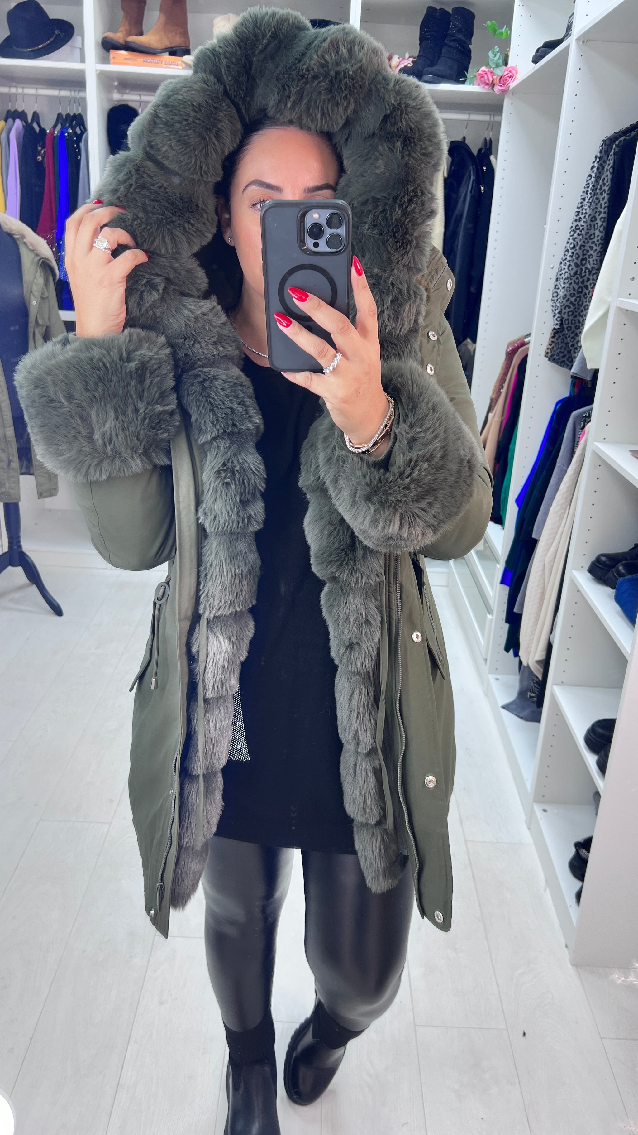 Jaya Khaki Faux Fur Hooded Toggle Coat BowsBoutiques