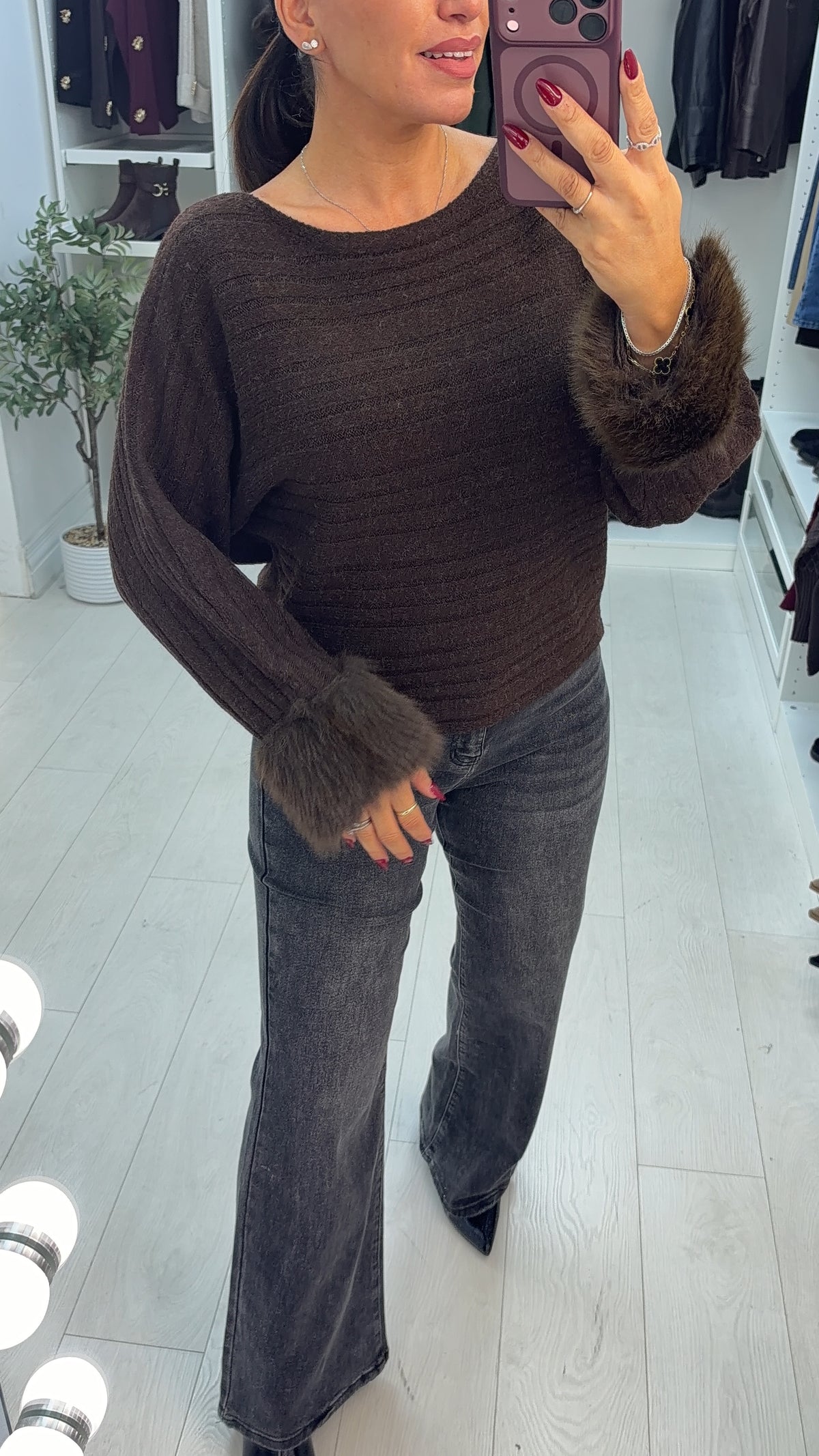 Imelia Faux Fur Cuffed Ribbed Jumper
