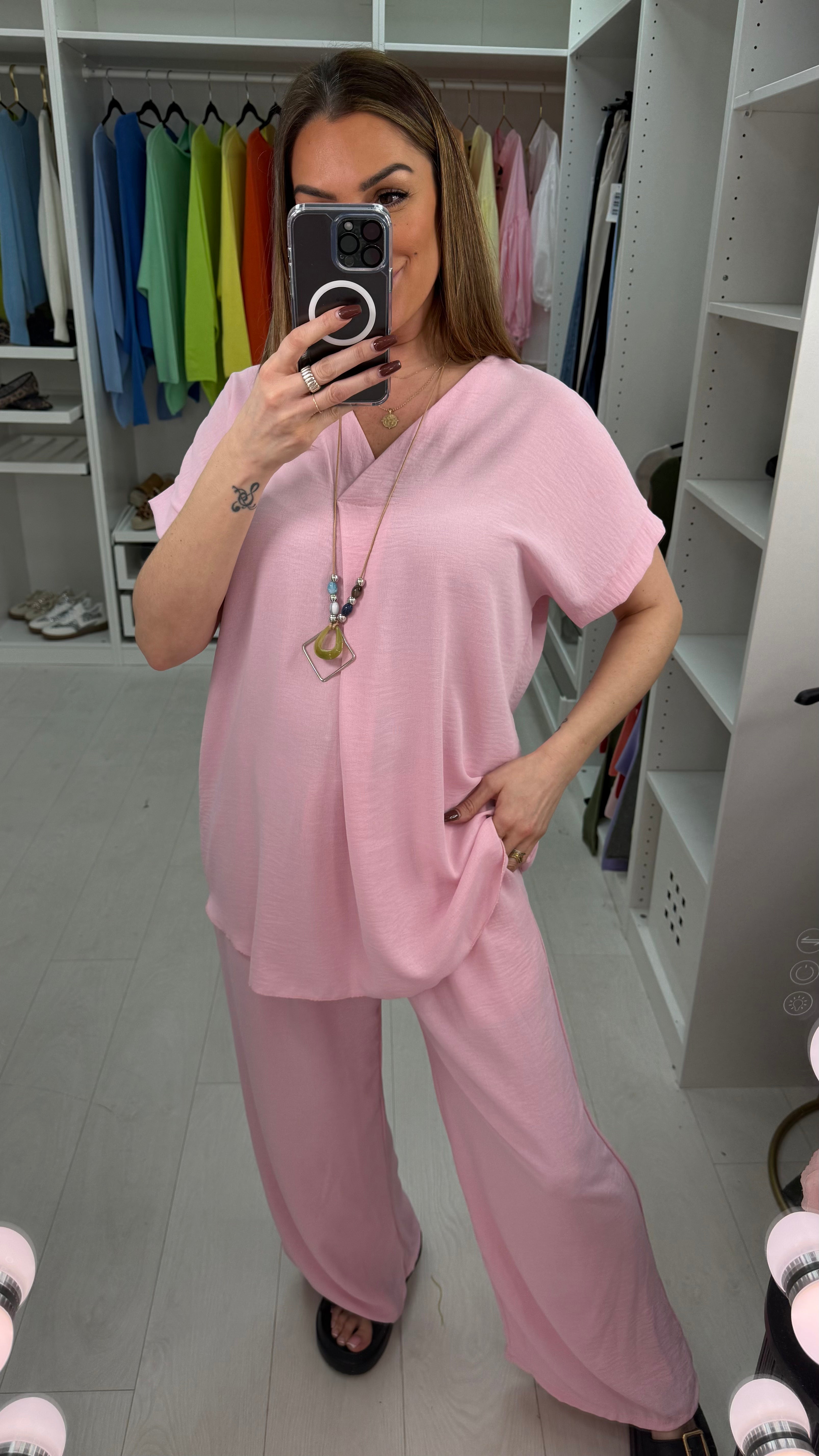 Latisha Plain V Neck Loose Fit Crepe Co-Ord Set