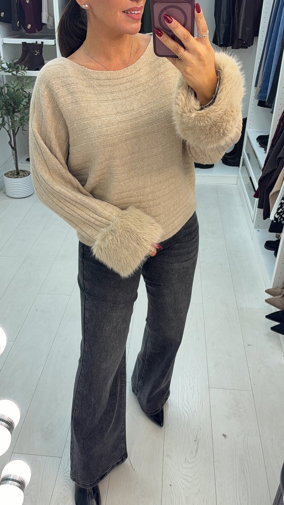 Imelia Faux Fur Cuffed Ribbed Jumper