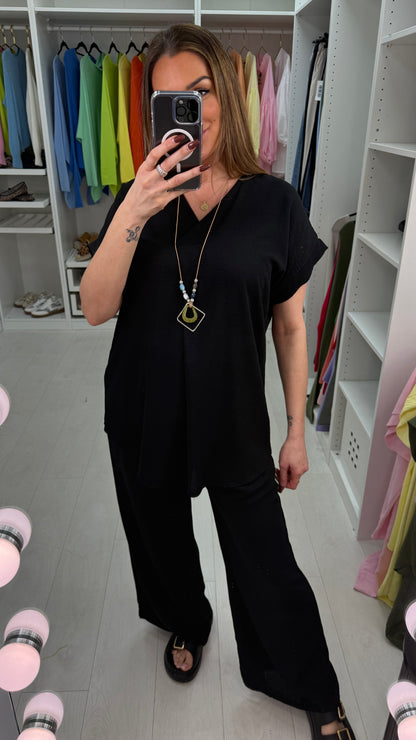 Latisha Plain V Neck Loose Fit Crepe Co-Ord Set