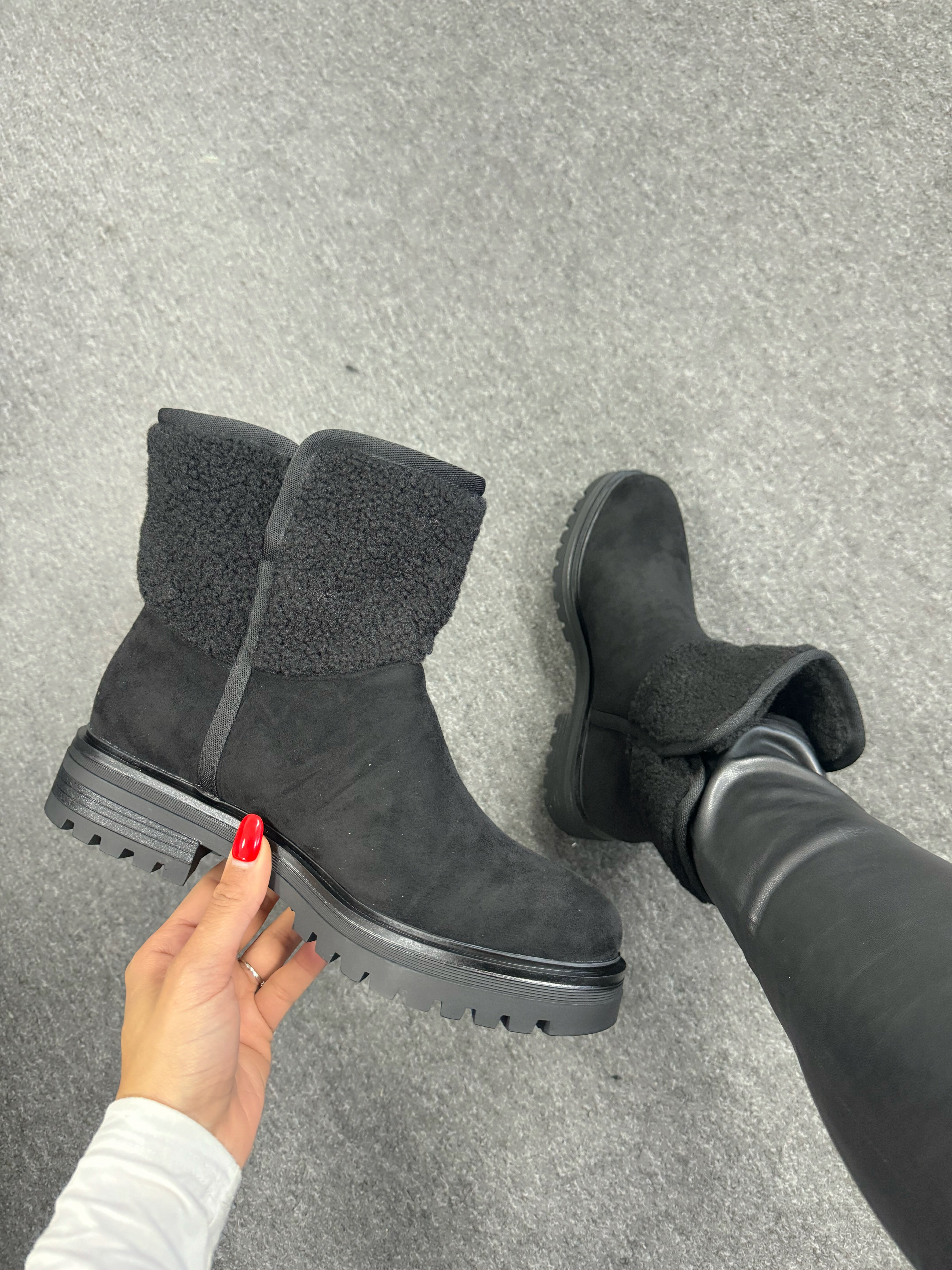 Xeno Black Teddy Detail Trim Ankle Boots