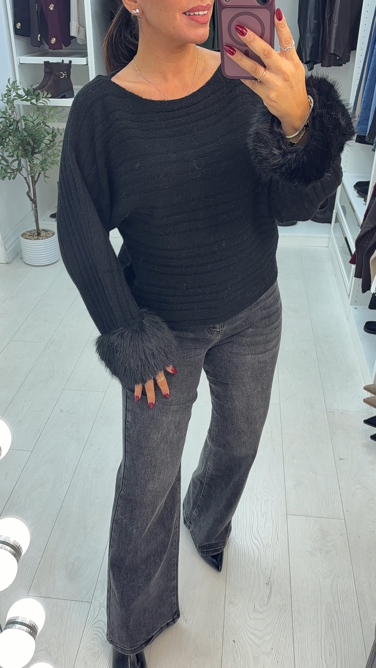 Imelia Faux Fur Cuffed Ribbed Jumper