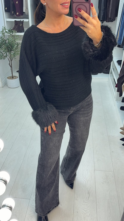 Imelia Faux Fur Cuffed Ribbed Jumper
