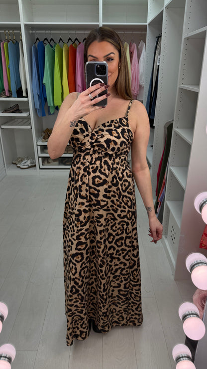 Matilda Tan Leopard Print Wrap Front Maxi Dress