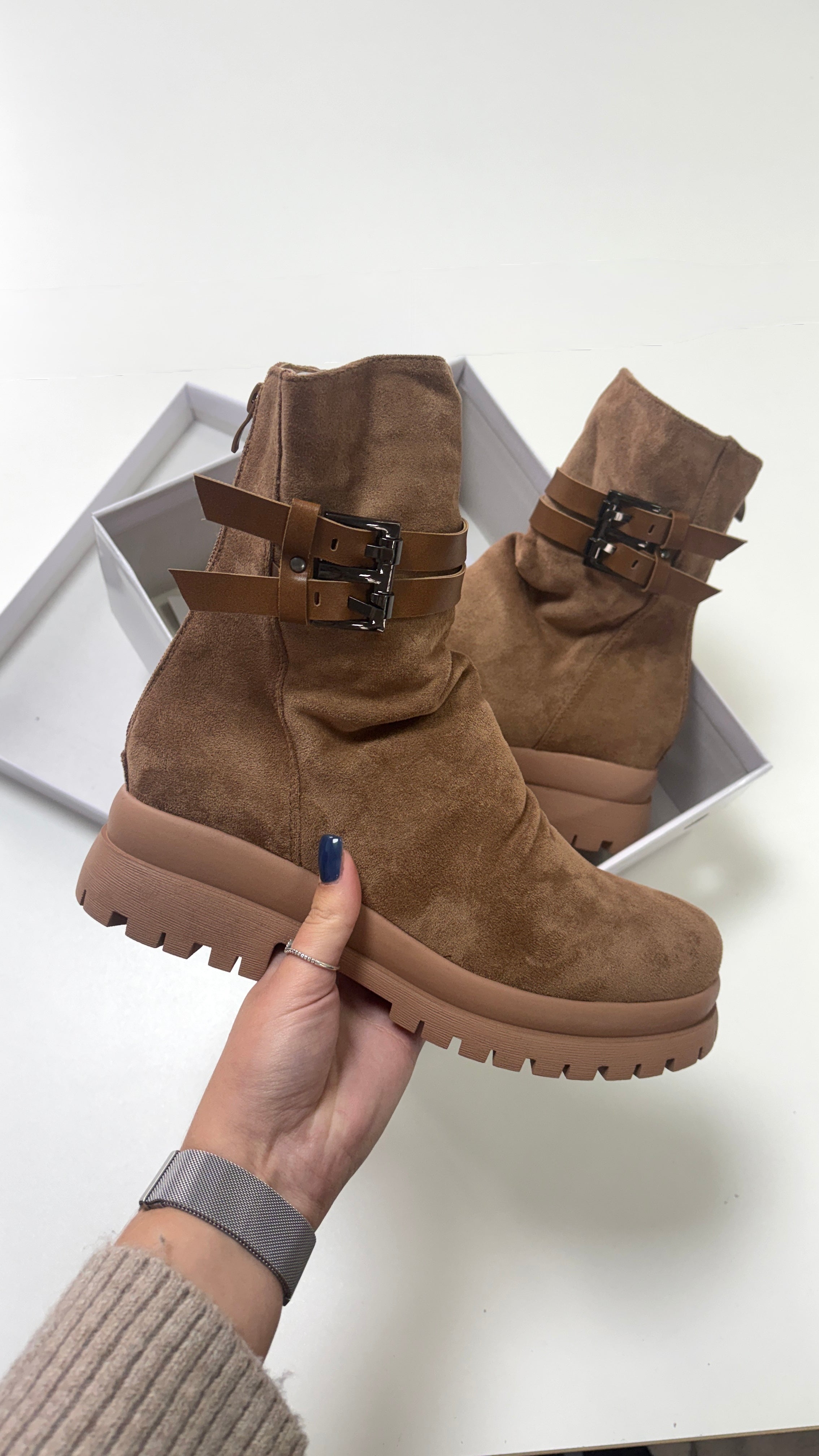 Leslie Faux Suede Buckle Detail Chunky Boots