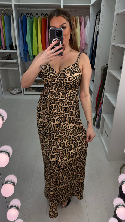 Lorren Beige Leopard Print Wrap Front Maxi Dress