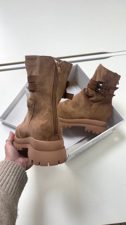 Leslie Faux Suede Buckle Detail Chunky Boots
