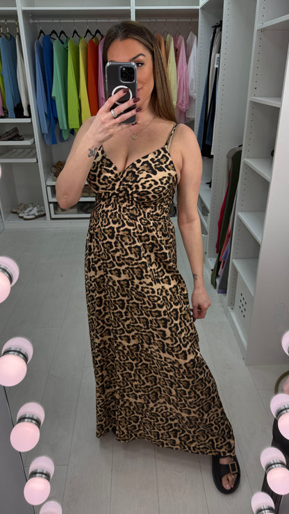 Lorren Beige Leopard Print Wrap Front Maxi Dress