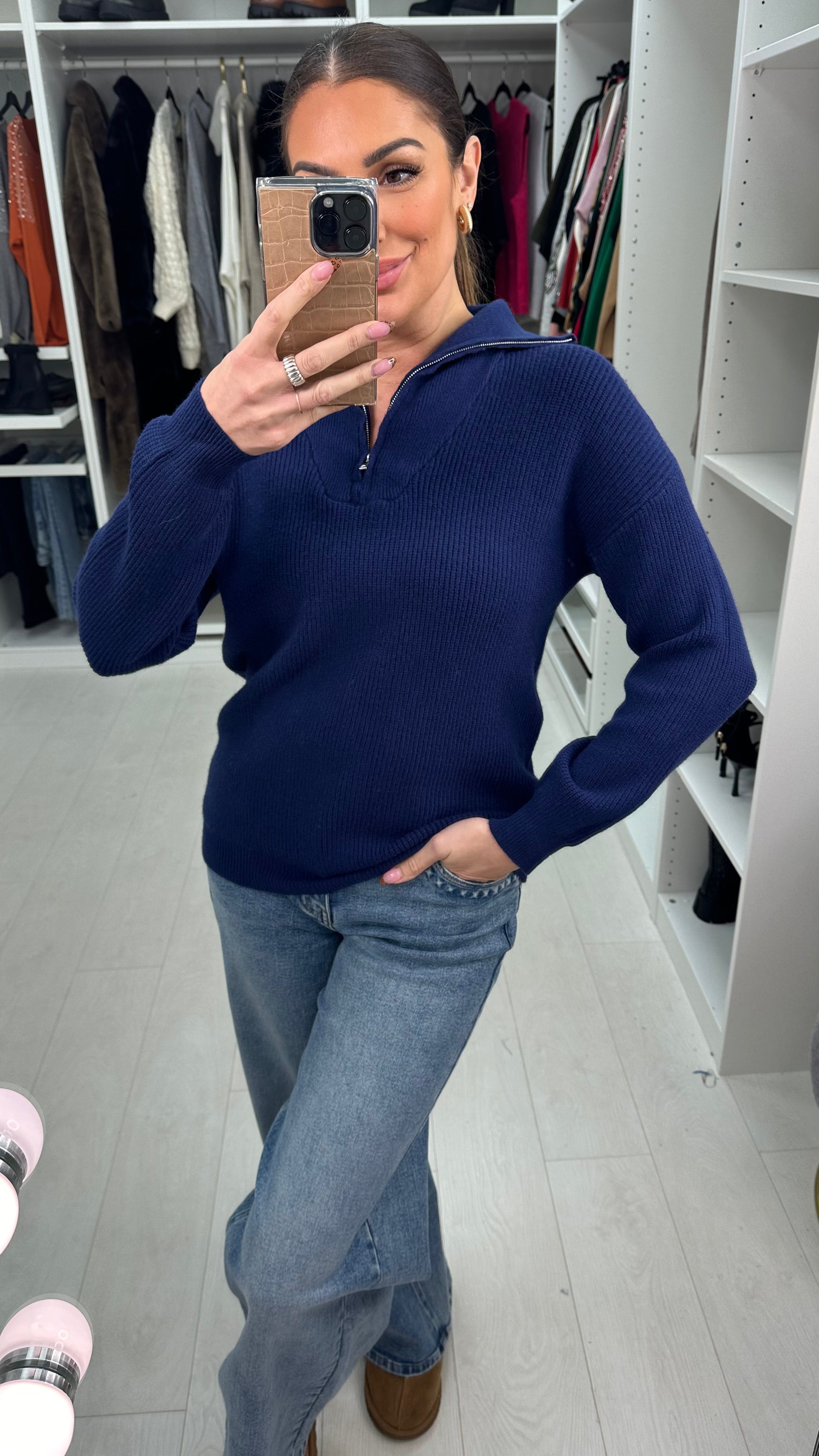 Devyn Plain Ribbed Half-Zip Knit Jumper