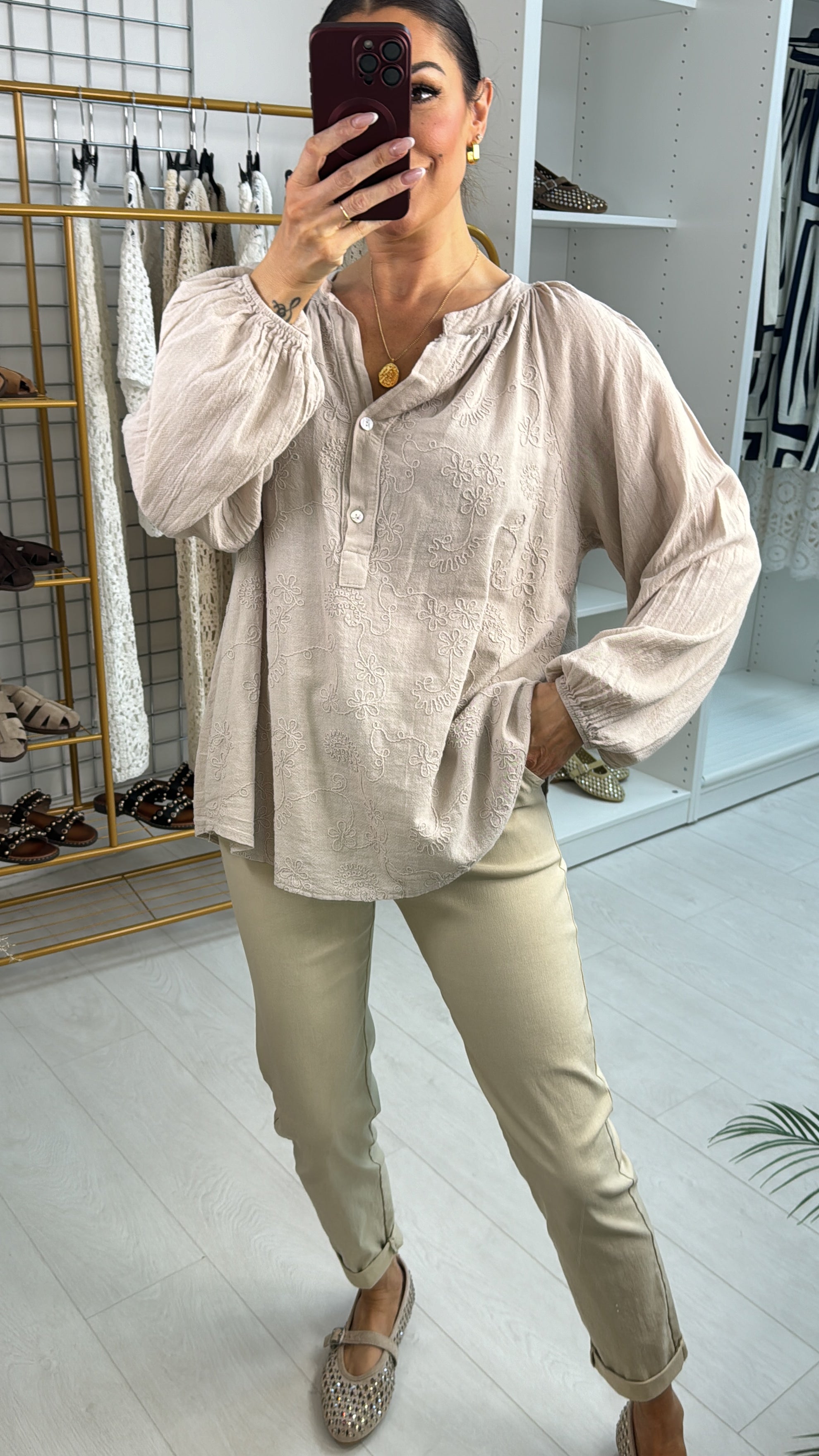 Catalina Embroidered Button Front Top