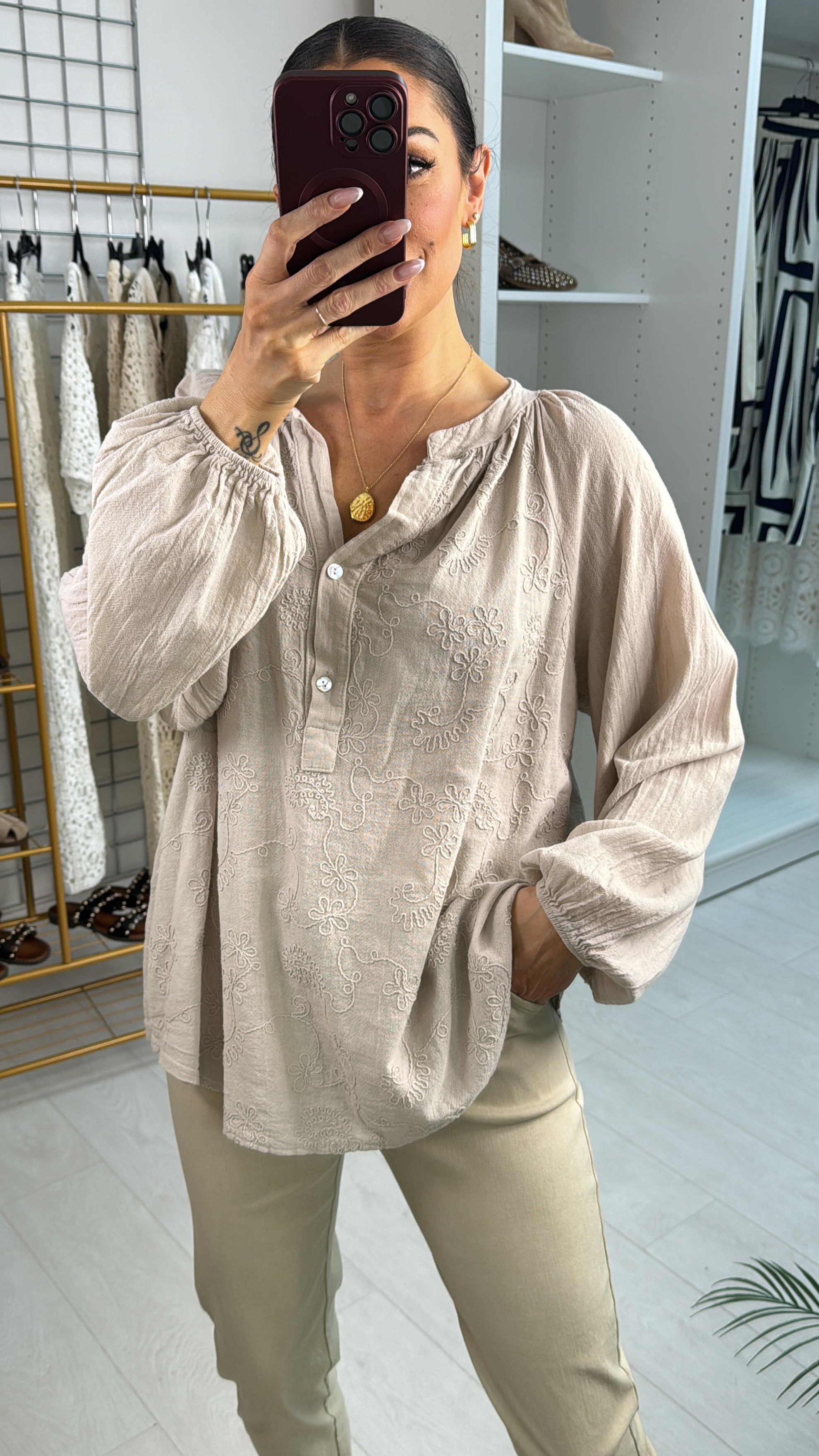 Catalina Embroidered Button Front Top