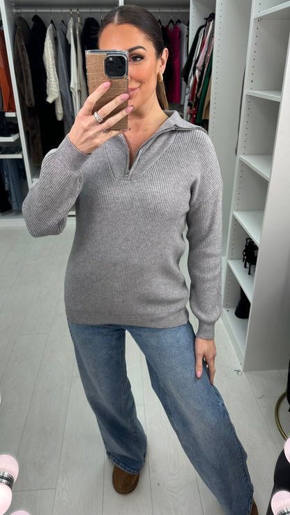Devyn Plain Ribbed Half-Zip Knit Jumper
