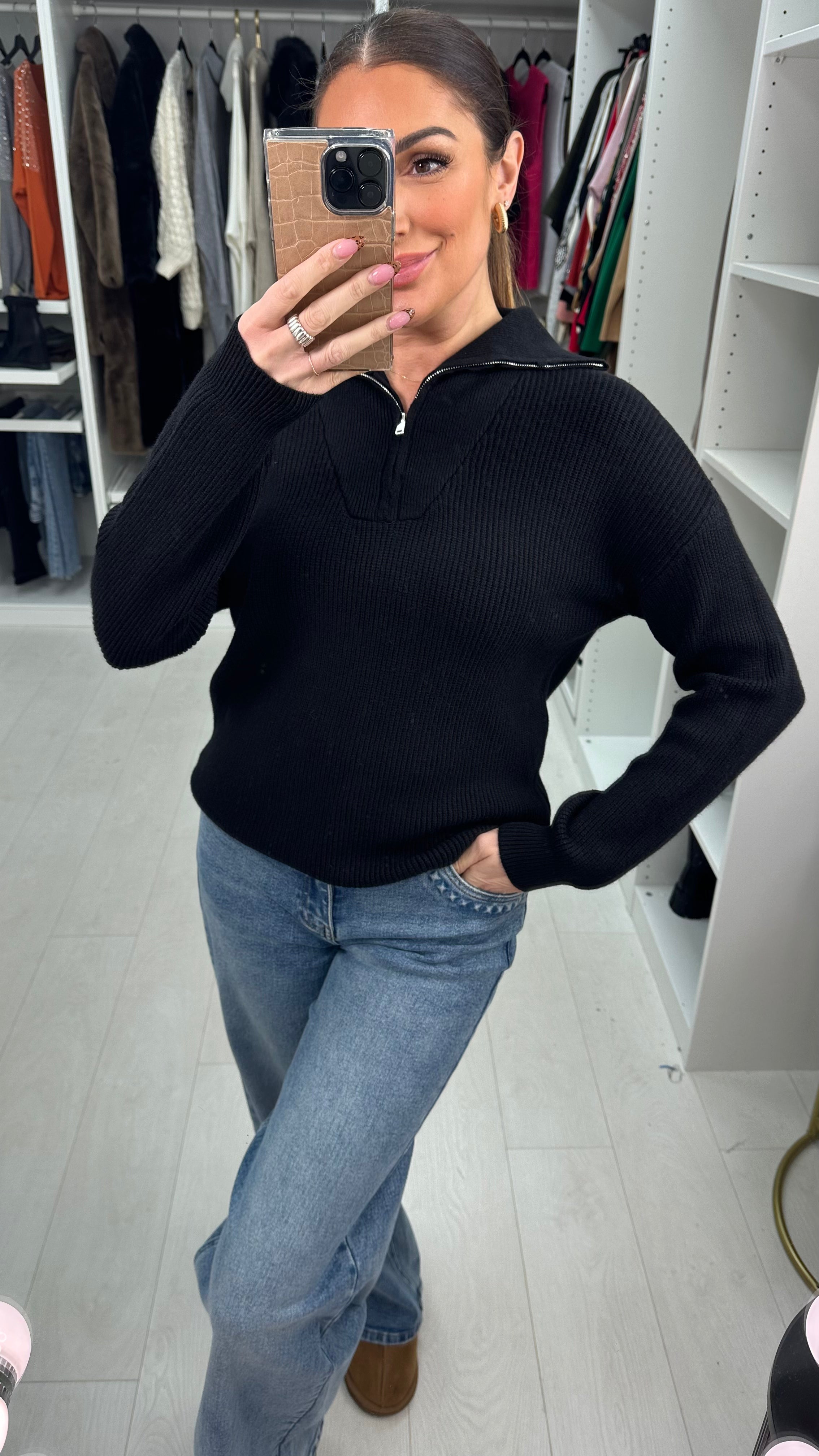 Devyn Plain Ribbed Half-Zip Knit Jumper