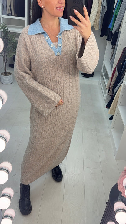 Cecilie Cable Knit V Neck Maxi Jumper Dress