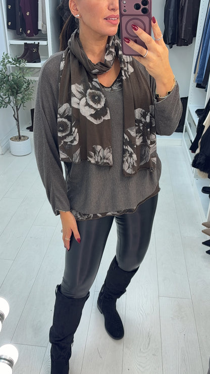 Corina 3-In-1 Floral Detailed Scarf Layered Top
