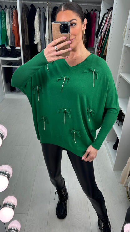 Jama Bow Diamond Chain V Neck Jumper