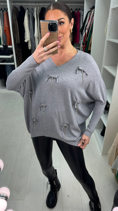 Jama Bow Diamond Chain V Neck Jumper