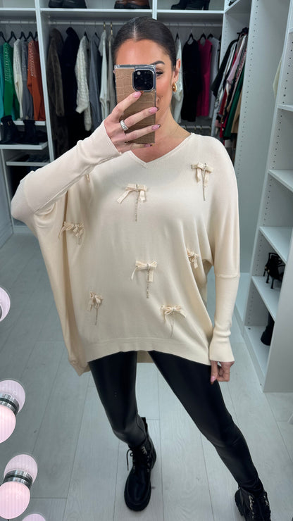 Jama Bow Diamond Chain V Neck Jumper