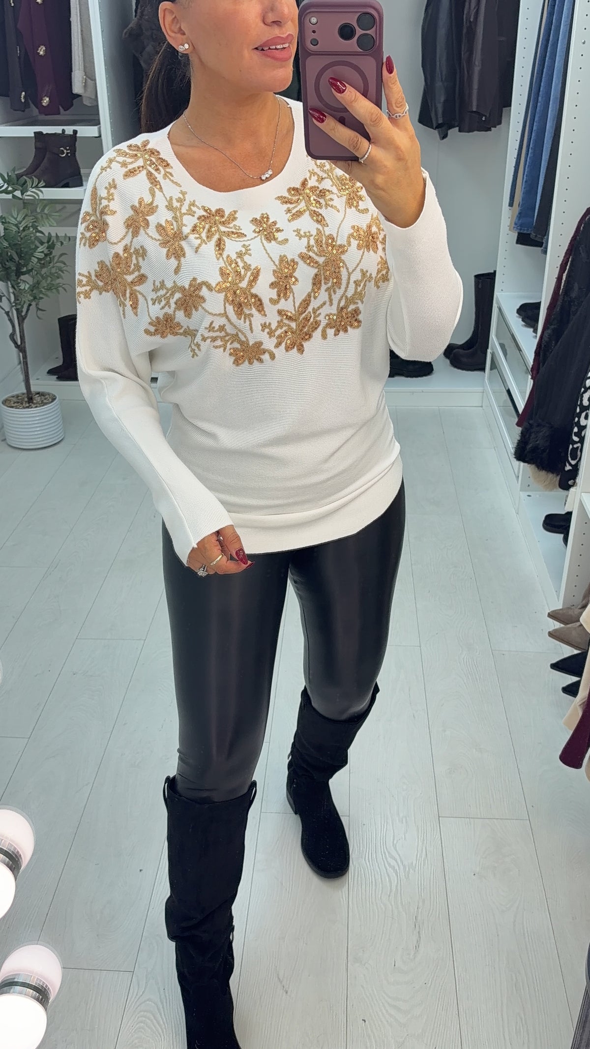 Fabel Floral Embellished Loose Fit Ribbed Jumper