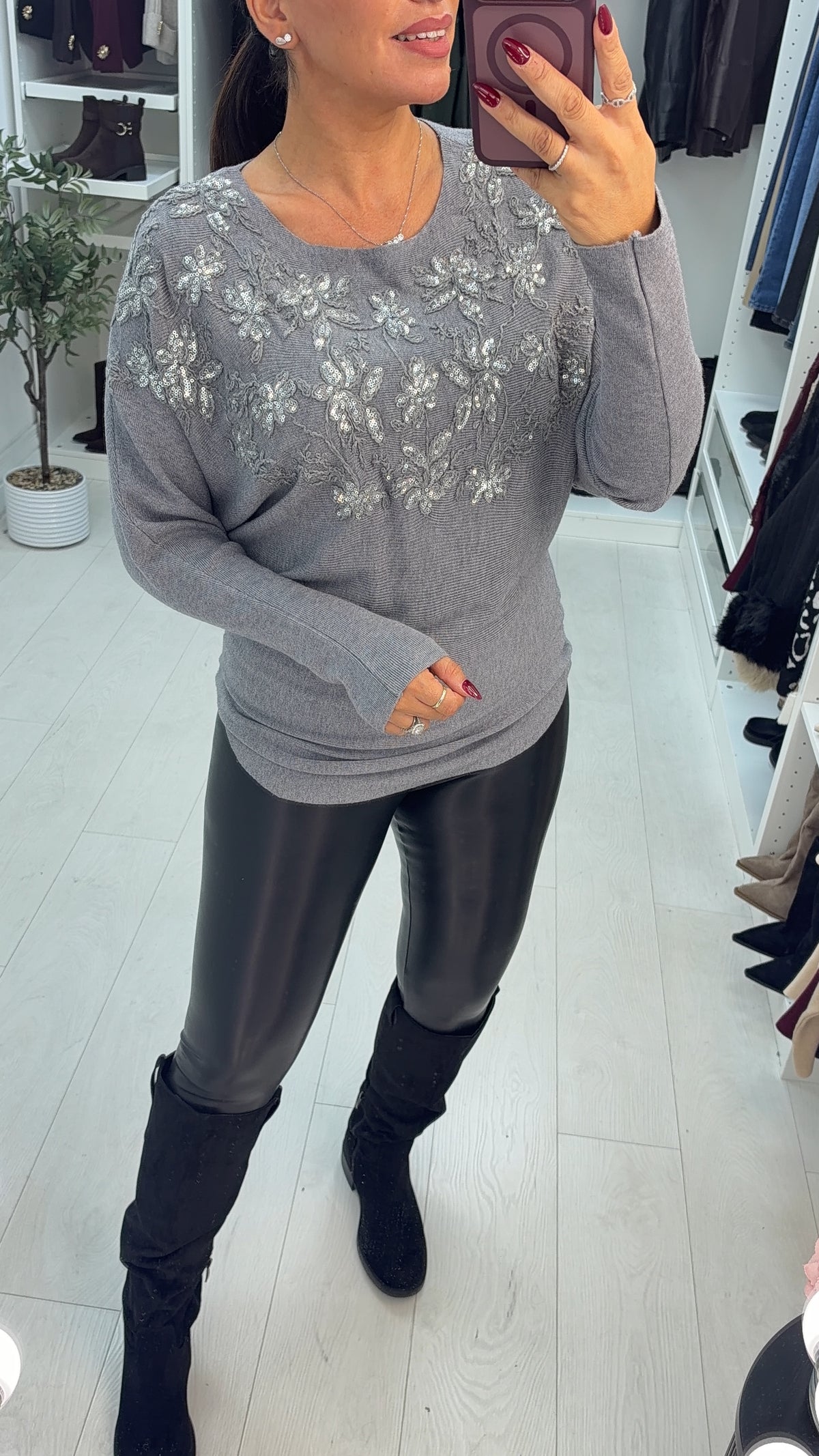 Fabel Floral Embellished Loose Fit Ribbed Jumper