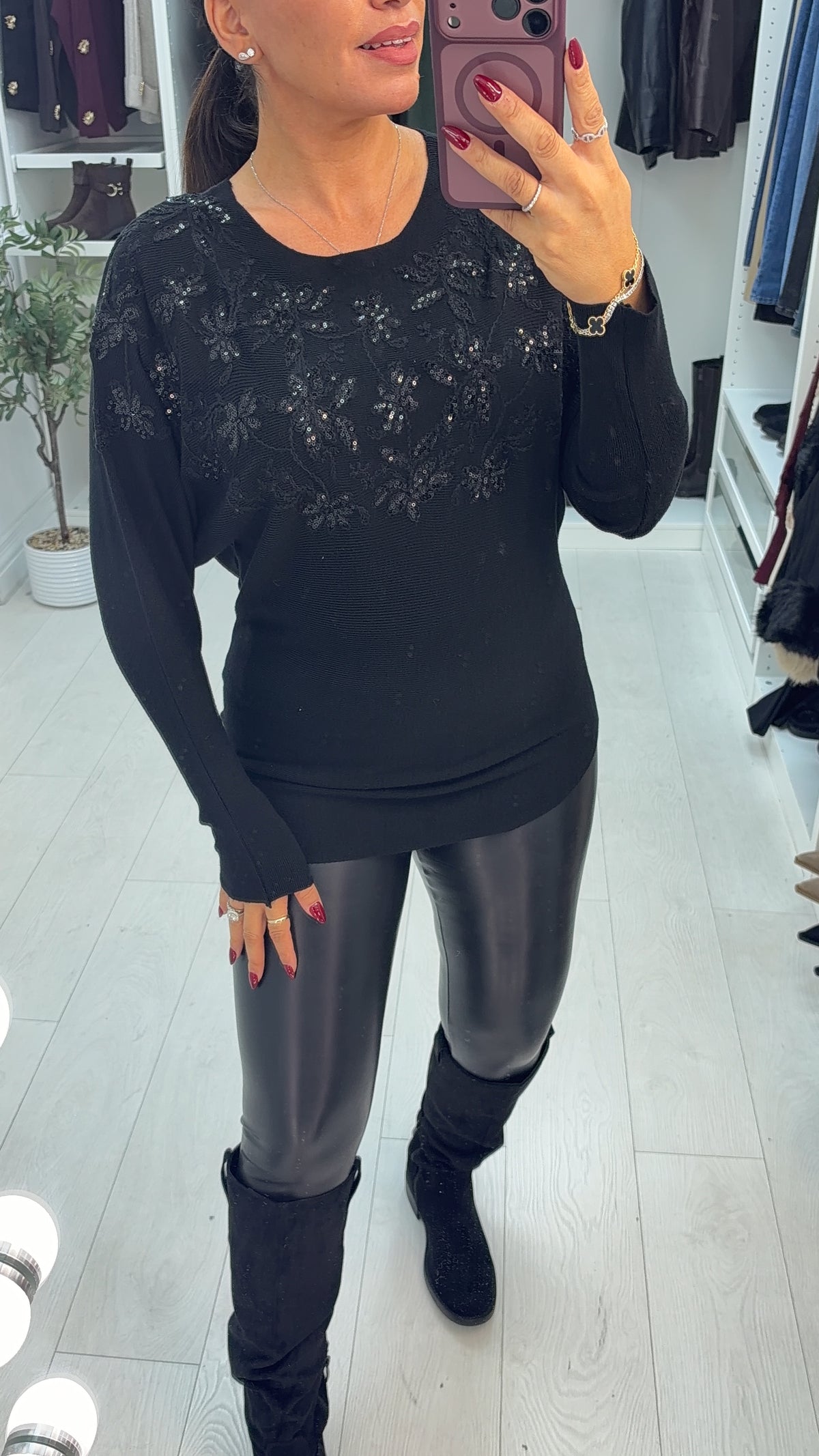 Fabel Floral Embellished Loose Fit Ribbed Jumper