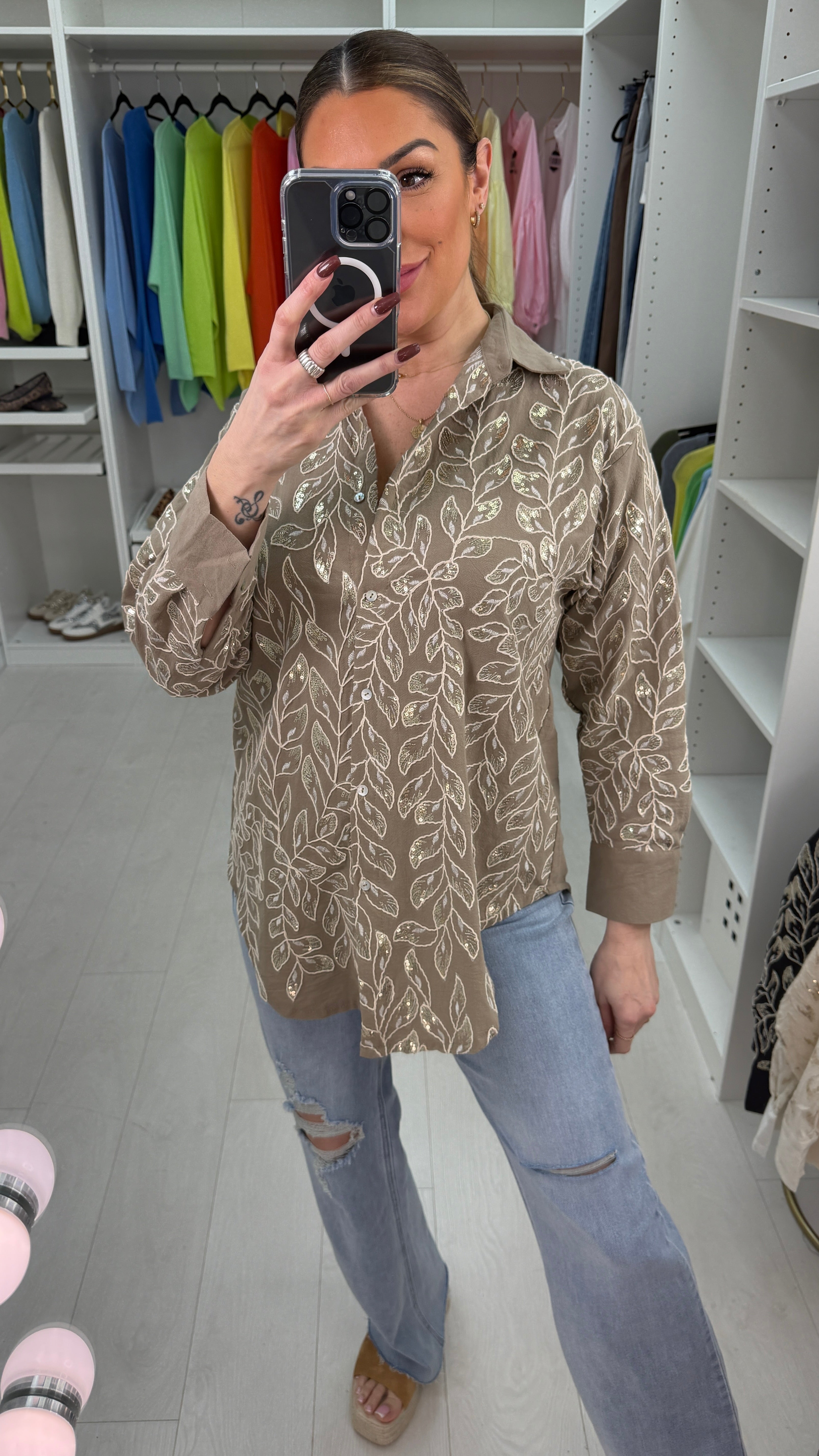 Kira Embellished Leaf Longline Dipped Hem Shirt