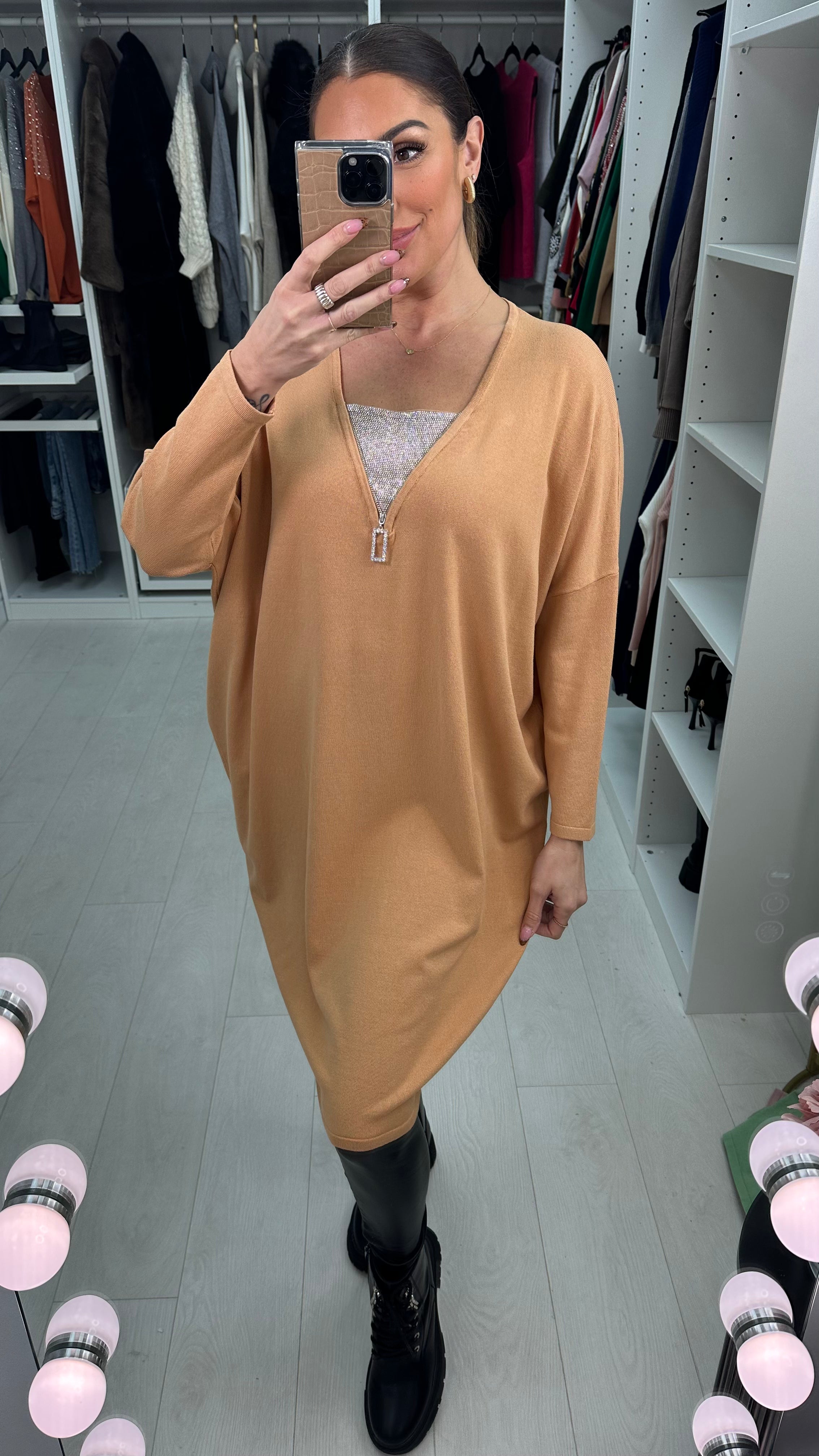 Rosina Diamante Zip Detailed Loose Fit Knitted Jumper Dress