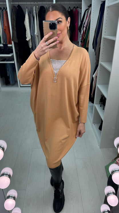 Rosina Diamante Zip Detailed Loose Fit Knitted Jumper Dress