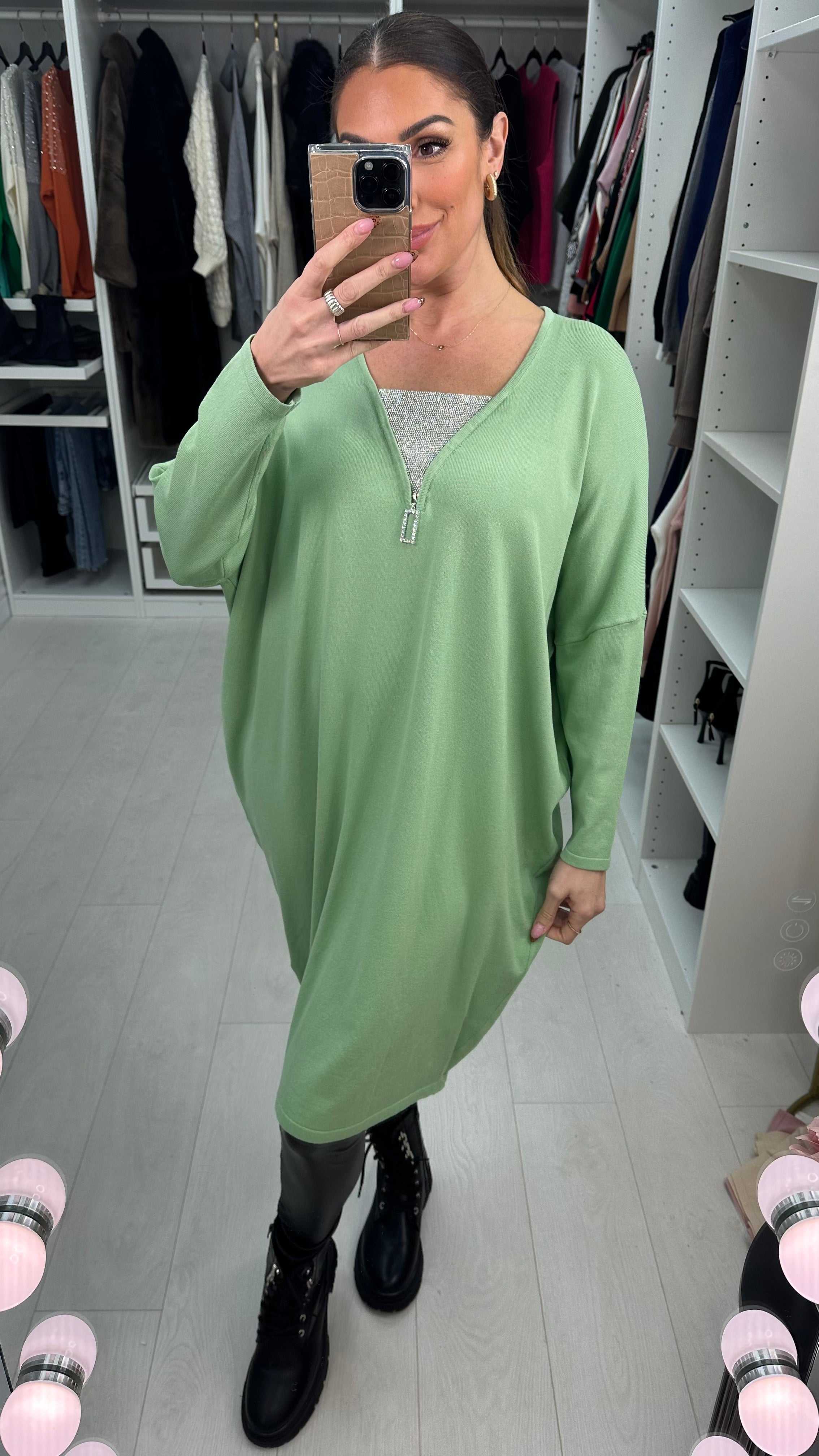 Rosina Diamante Zip Detailed Loose Fit Knitted Jumper Dress