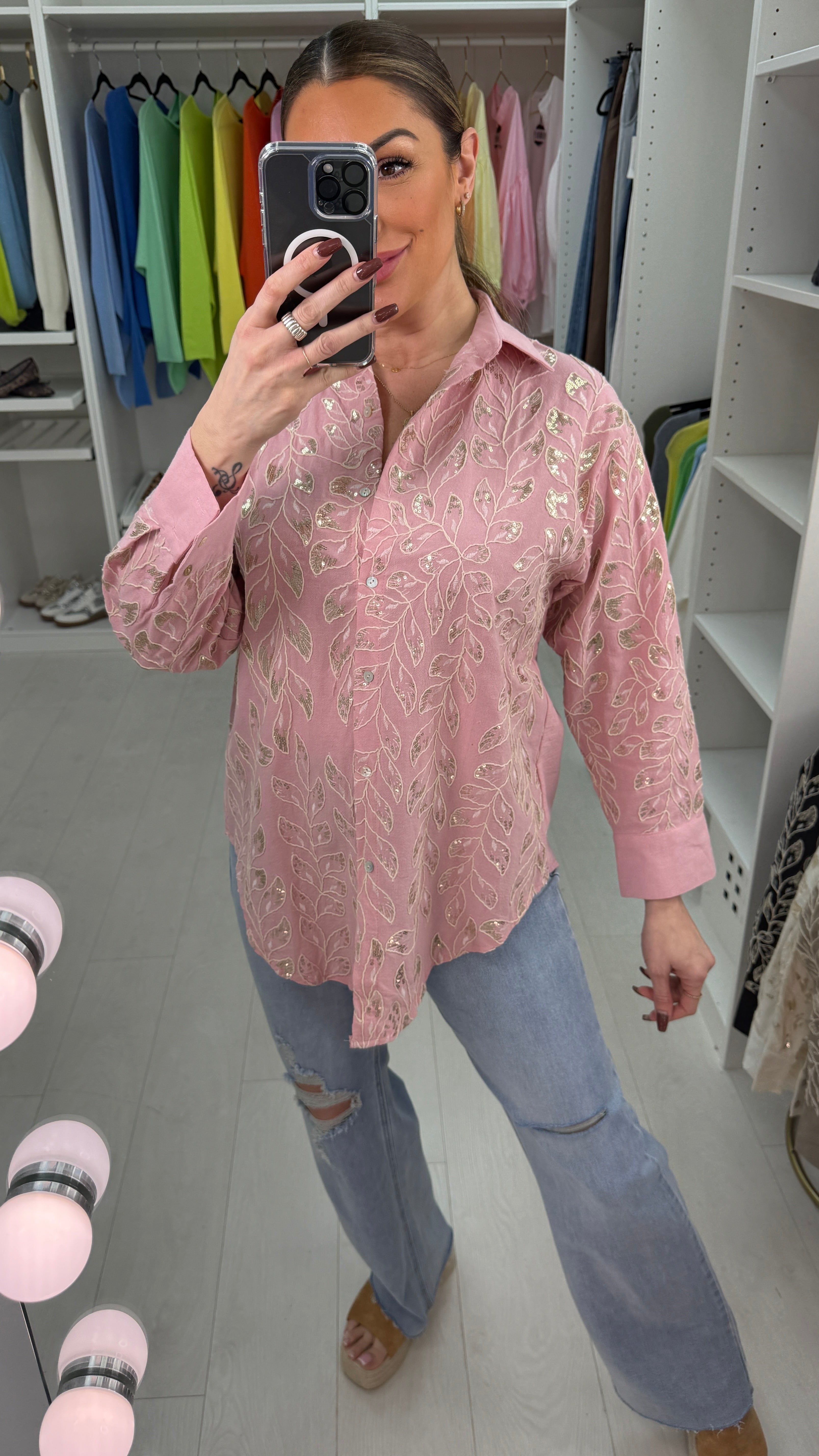 Kira Embellished Leaf Longline Dipped Hem Shirt