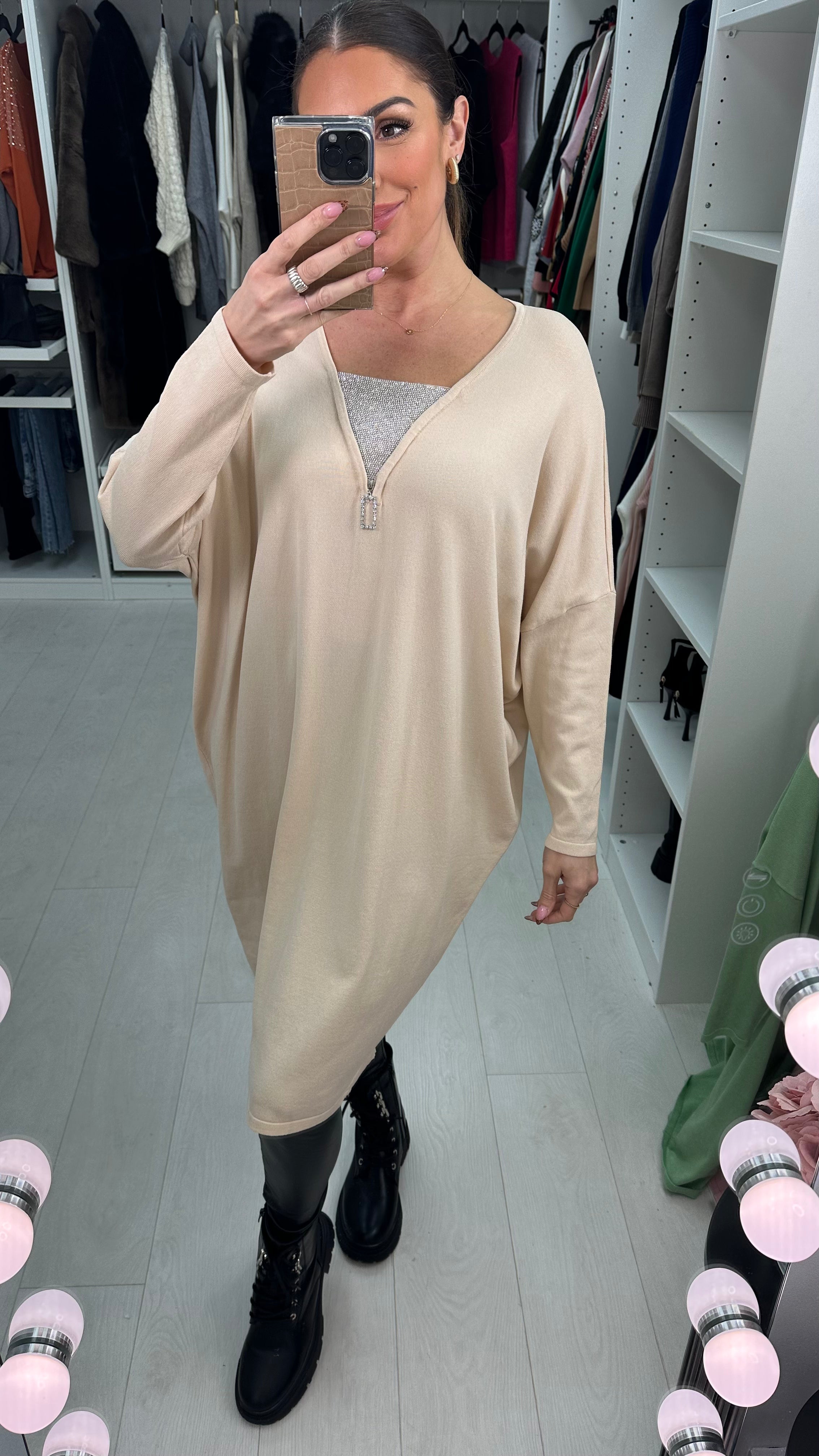 Rosina Diamante Zip Detailed Loose Fit Knitted Jumper Dress