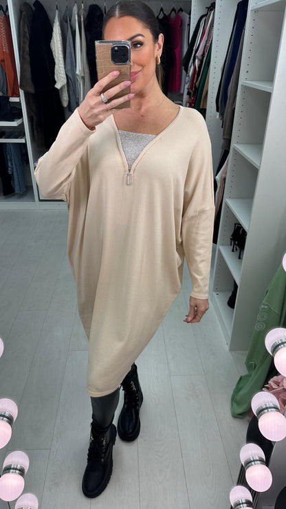 Rosina Diamante Zip Detailed Loose Fit Knitted Jumper Dress
