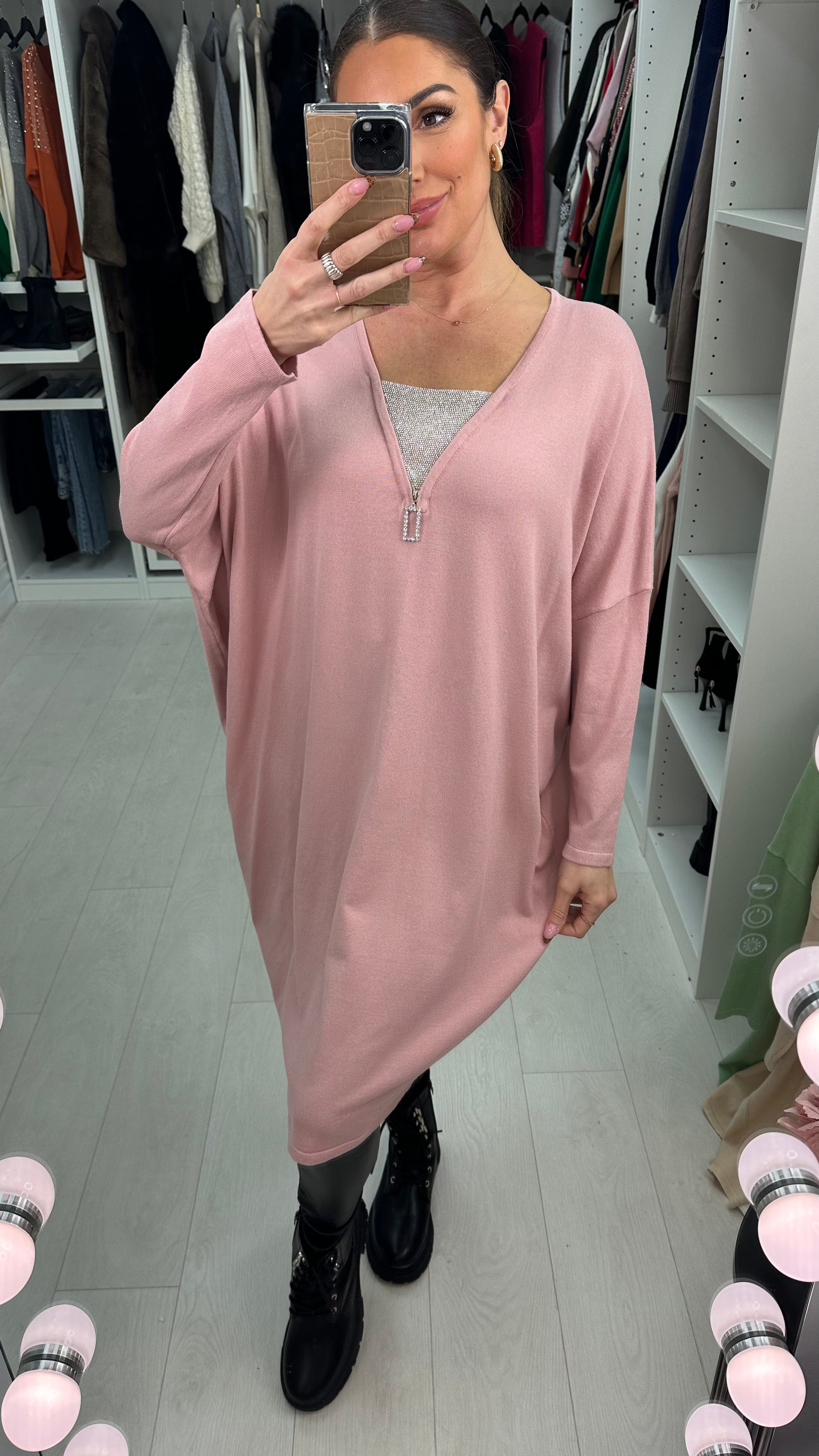 Rosina Diamante Zip Detailed Loose Fit Knitted Jumper Dress