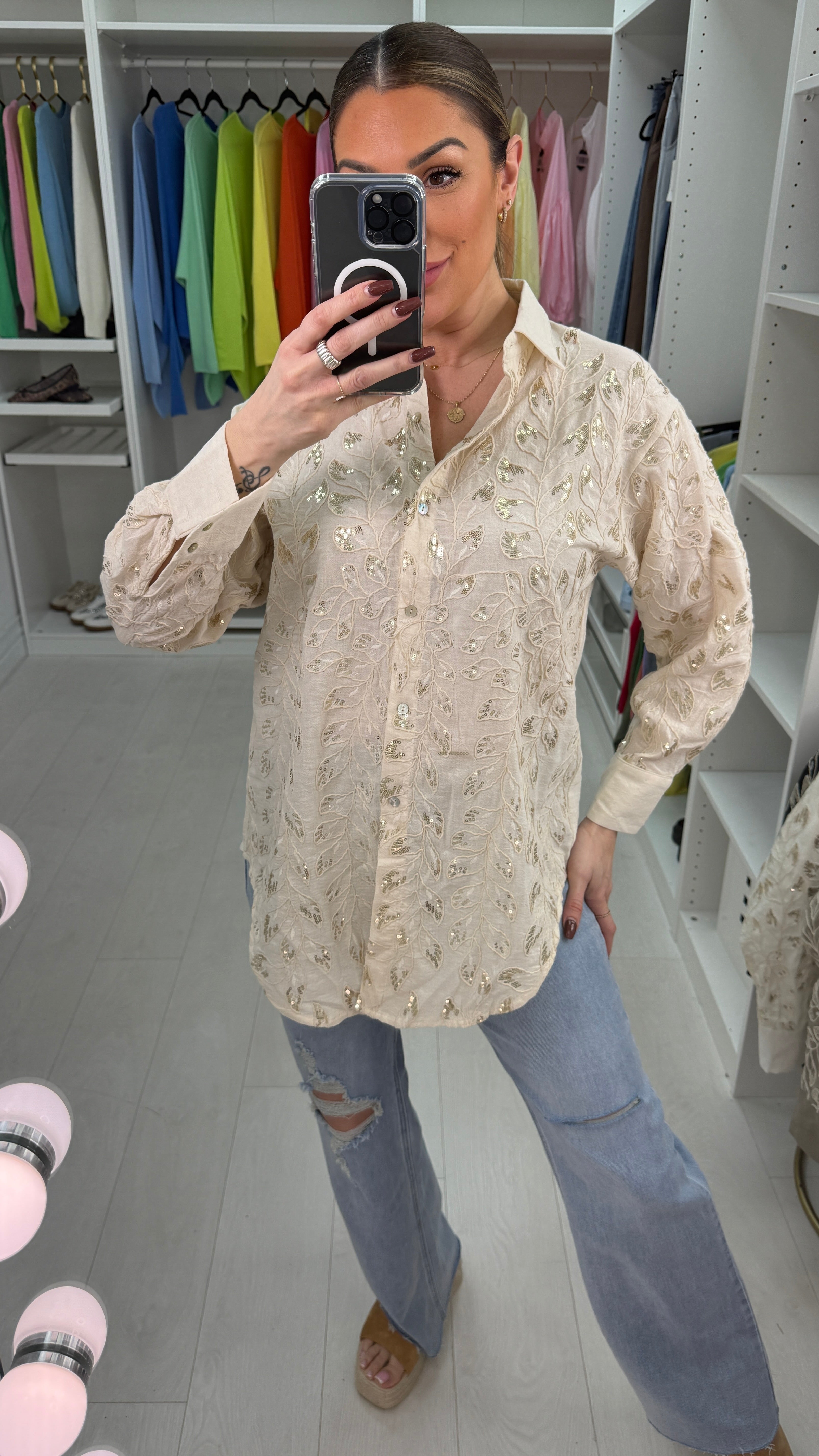 Kira Embellished Leaf Longline Dipped Hem Shirt